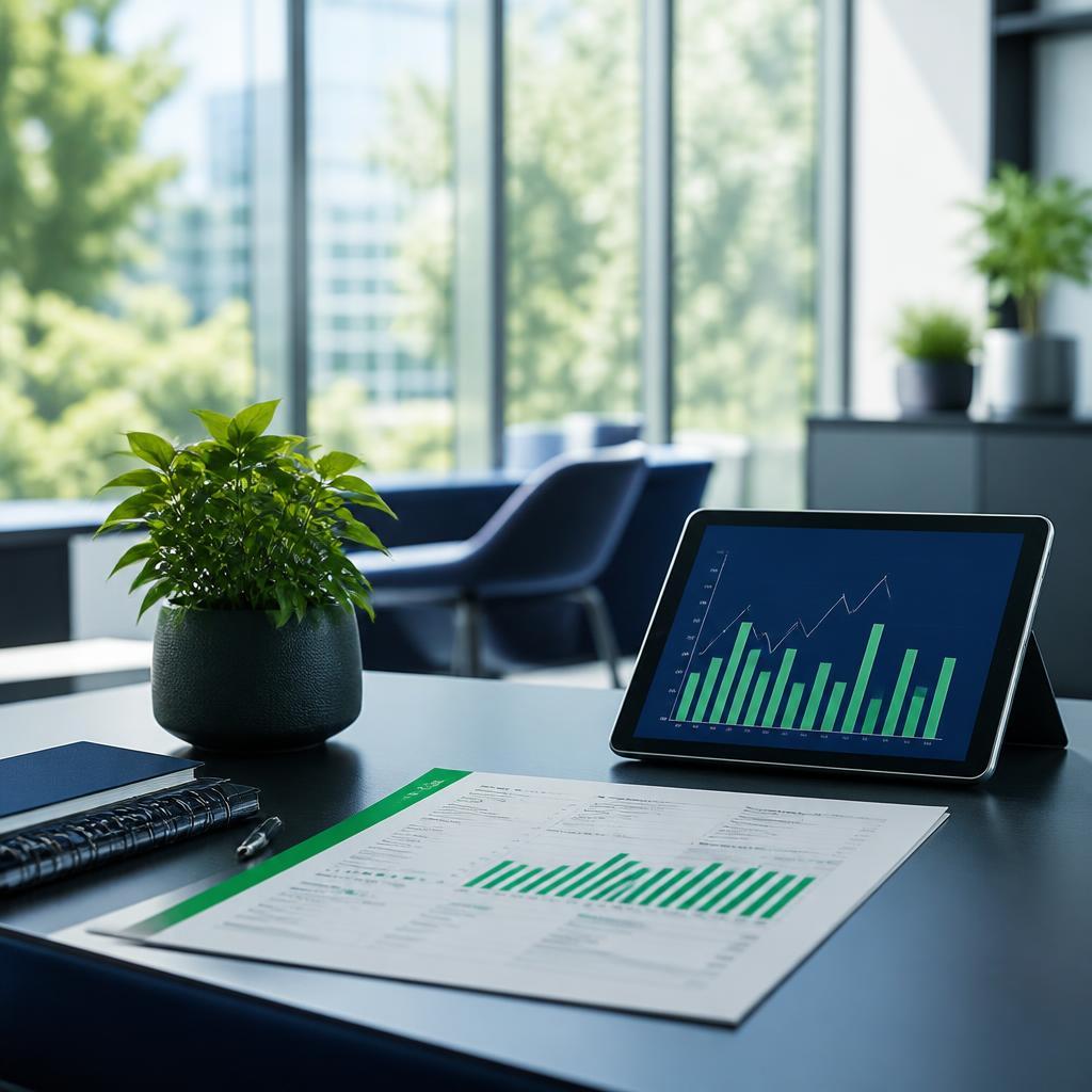 Escritorio de asesoría energética con factura y tablet mostrando consumo eléctrico